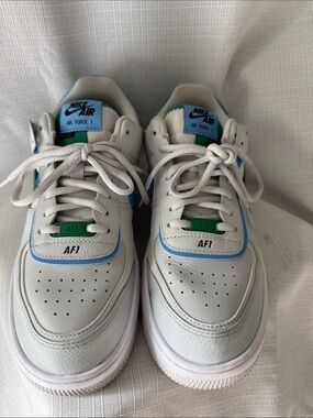 Nike Women’s AF1 White Sneakers with Blue & Green Accents